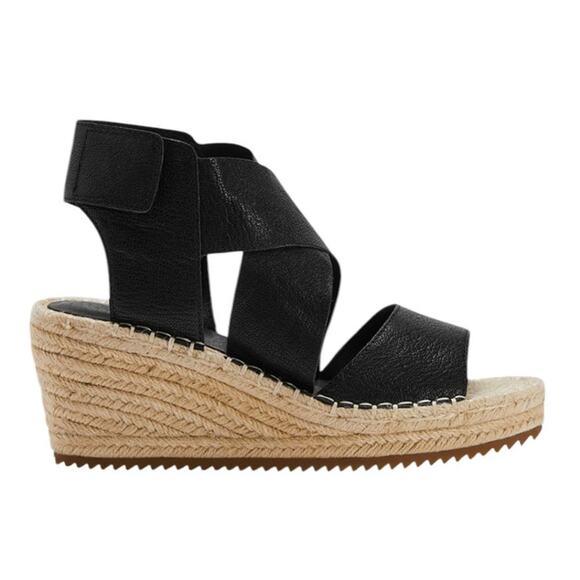 Eileen Fisher Willow Tumbled Black Grained Leather Strap Raffia Wedge Size 7.5 - Picture 2 of 10